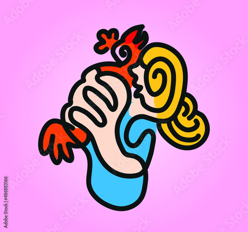 Cartoon style illustration of raising chickens.
Line drawing illustration of woman holding chicken. 