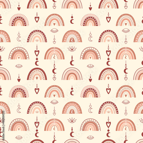 Seamless pattern with boho rainbows, hearts, crescent moon in neutral pastel colors. Perfect for packaging paper design. Vector illustrations on a light beige background.
