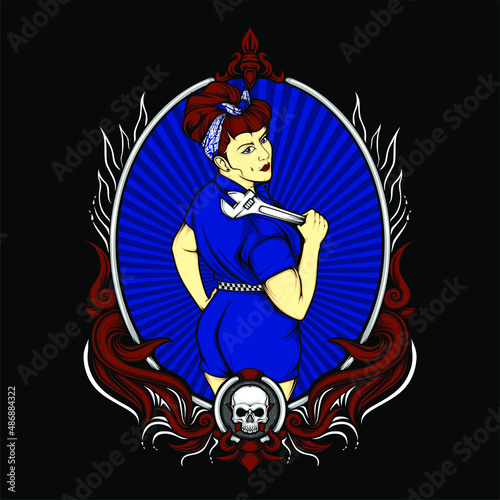 garage girl with rockabilly fashion illustration with awesome background