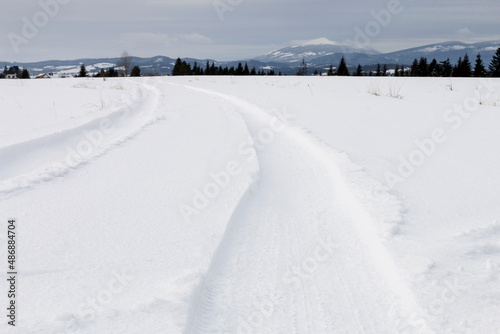 Vehicle wheel traces on snow, mountains in the background.