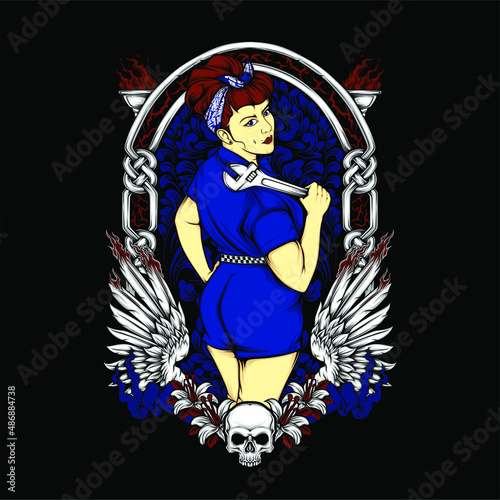 garage girl with rockabilly fashion illustration with awesome background