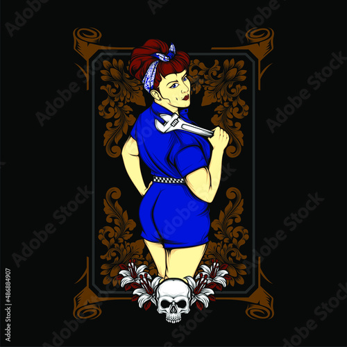 garage girl with rockabilly fashion illustration with awesome background
