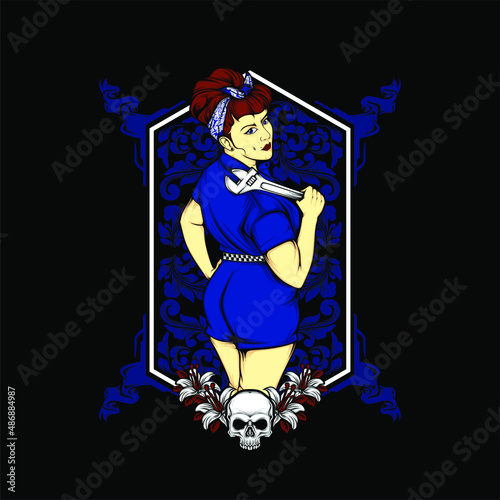 garage girl with rockabilly fashion illustration with awesome background