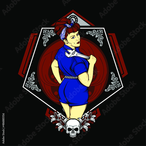garage girl with rockabilly fashion illustration with awesome background