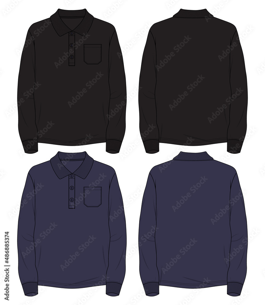 Naklejka premium Long sleeve Polo shirt With pocket technical fashion flat sketch vector Illustration Black, Navy Color Mock up template front and Back views isolated on white Background. 