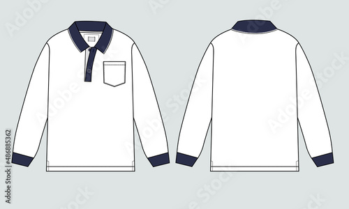 Long sleeve Polo shirt with pocket technical fashion flat sketch vector illustration template front and back views.
