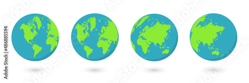Earth. Set of globe shaped world map. Planet with continents. Vector