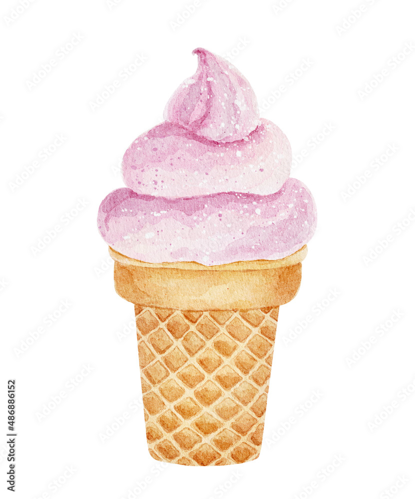 Watercolor ice cream in waffle cup isolated on white background.