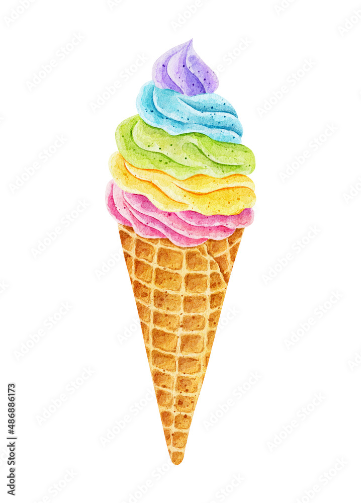 Watercolor colorful rainbow ice cream in waffle cone isolated on white background.