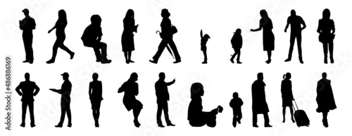 Vector silhouettes, Outline silhouettes of people, Contour drawing, people silhouette, Icon Set Isolated, Silhouette of sitting people, Architectural set	