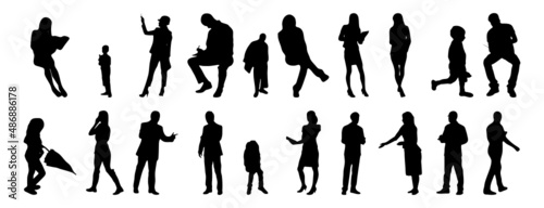 Vector silhouettes, Outline silhouettes of people, Contour drawing, people silhouette, Icon Set Isolated, Silhouette of sitting people, Architectural set	