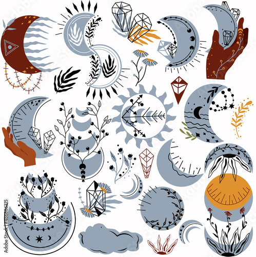 Celestial Moon phase. Mystical boho moon, mystic hand, crystal, leaf, flowers. Witchcraft moon. Mysterious Lunar set. Ramadan symbol. Vector illustration.