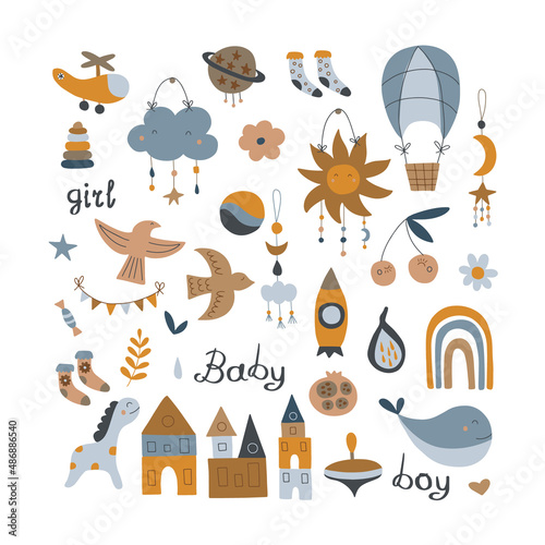 A set of cute children's toys including trendy lettering and hand-drawn decorative elements. Cartoon doodle illustration for baby shower, kids room decor, kids design. Vector.