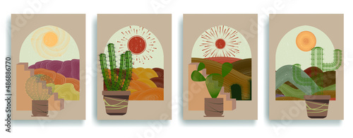 Poster with desert landscape, cactus and dunes in boho style .Minimal design with grunge elements . Trendy brochure . Vector illustration .