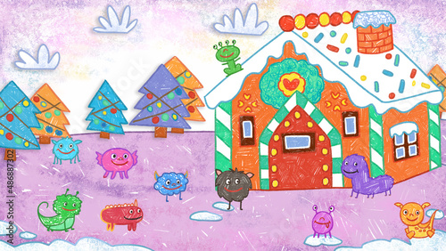 Monsters Outside of a Gingerbread House. Winter Christmas Holiday Season Crayon Drawing and Doodling Hand-drawn Illustration. 