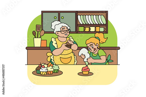 Lovely grandmother and child girl cooking