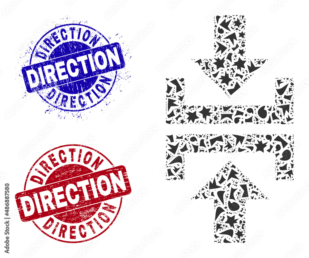 Fototapeta premium Round DIRECTION unclean stamp prints with text inside round forms, and fragment mosaic press vertical direction icon. Blue and red stamp seals includes DIRECTION tag.