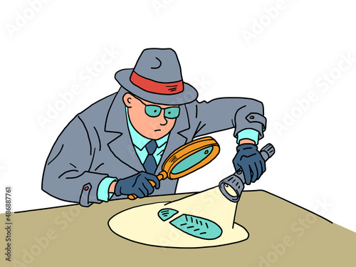 A detective with a flashlight investigates the trail, a man in a coat, hat and glasses