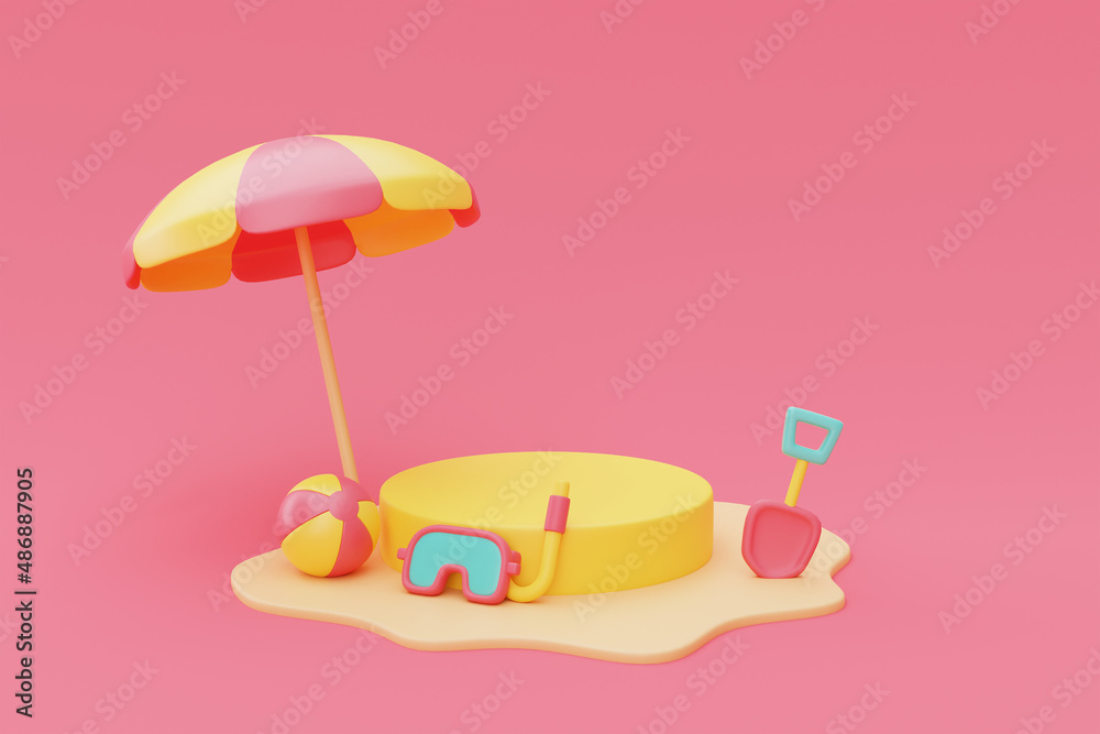 3d rendering of summer vacation concept with beach umbrella and summer elements,minimal style.3d render.
