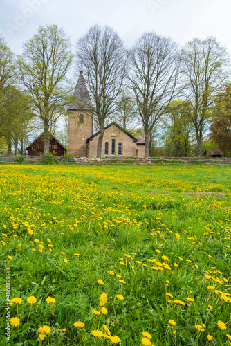 Meadow with dandelion flowers by a church in the countryside