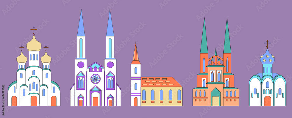 Collection of vector icons of Orthodox and Catholic churches and temples.  Horizontal composition of the illustration in doodle style.