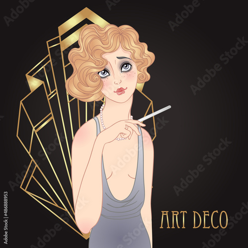 Art Deco vintage illustration of flapper girl. Retro party character in 1920s style. Vector design for glamour event or jazz party.