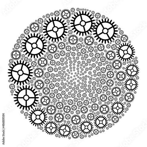Clock gearwheel items are grouped into sphere group. Clock gearwheel icon bubble composition. Abstraction sphere bubble collage organized from clock gearwheel items.