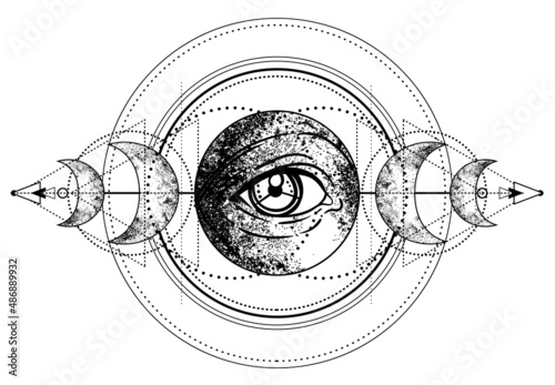 Eye of Providence. Masonic symbol. All seeing eye inside triple moon pagan Wicca moon goddess symbol. Vector illustration. Tattoo, astrology, alchemy, boho and magic symbol. Coloring book.