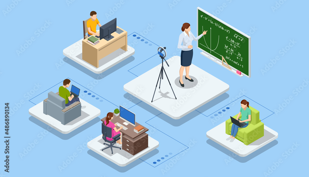 Isometric E-learning and Online Education for Student and University Concept. Webinar, Digital Classroom, Online Teaching Metaphors.