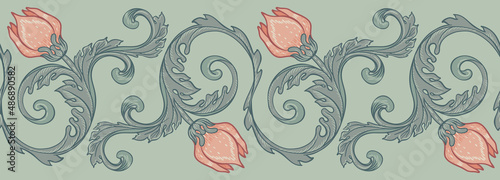 Floral vintage seamless border pattern for retro wallpapers. Enchanted Vintage Flowers. Arts and Crafts movement inspired. Design for wrapping paper, wallpaper, fabrics and fashion clothes.