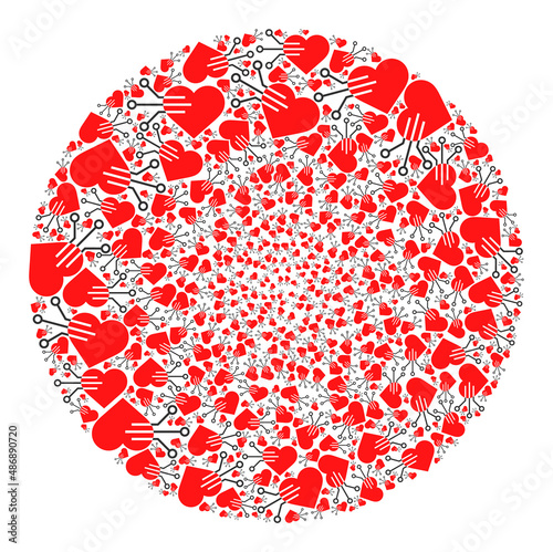 Electric heart elements are arranged into round group. Electric heart icon round mosaic. Abstract spheric bubble mosaic is done from electric heart items.