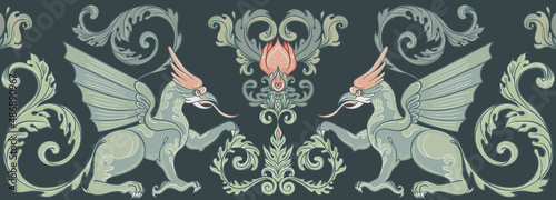 Mythological magic beast Griffin, legendary bizarre creature. Seamless border pattern design in medieval style. Dragon, burning flame. Repetition background. Vector illustration.