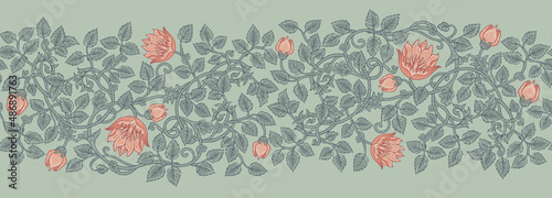 Floral vintage seamless border pattern for retro wallpapers. Enchanted Vintage Flowers. Arts and Crafts movement inspired. Design for wrapping paper, wallpaper, fabrics and fashion clothes. photo
