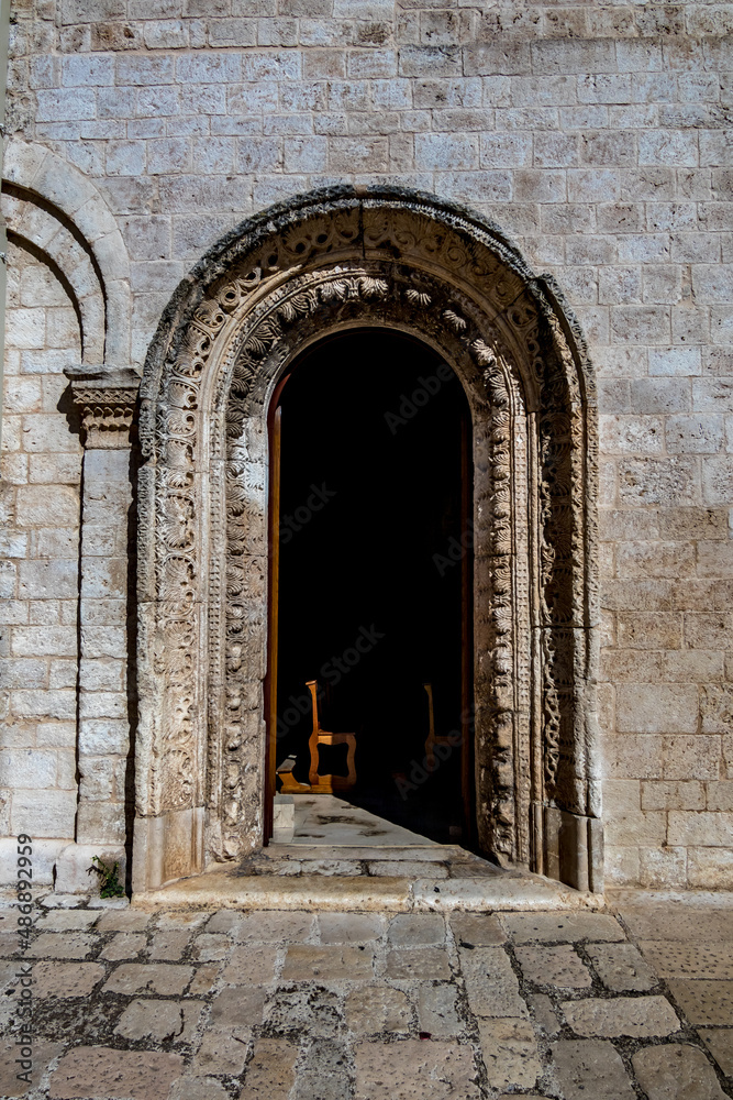 Church side entrance. Historical center view of Noicattaro Metropolitan City of Bari, Italy