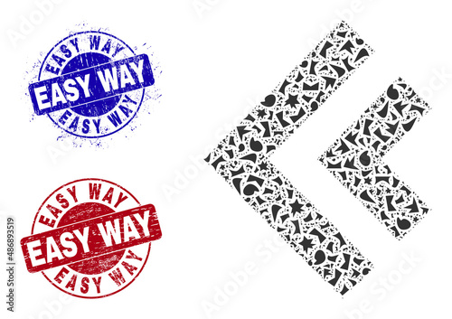 Round EASY WAY dirty stamps with word inside round shapes, and spall mosaic shift left icon. Blue and red seals includes EASY WAY tag. Shift left mosaic icon of shards parts.