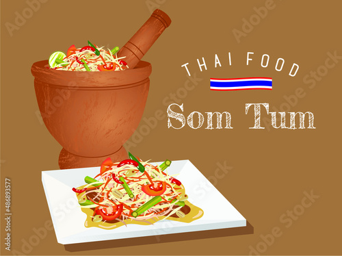Thai food vector Thai papaya salad with a mortar menu design template