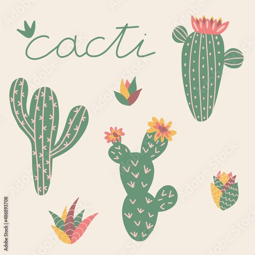 Set of cacti in cute style with lettering. Perfect for typography poster, card, label, brochure, flyer, page