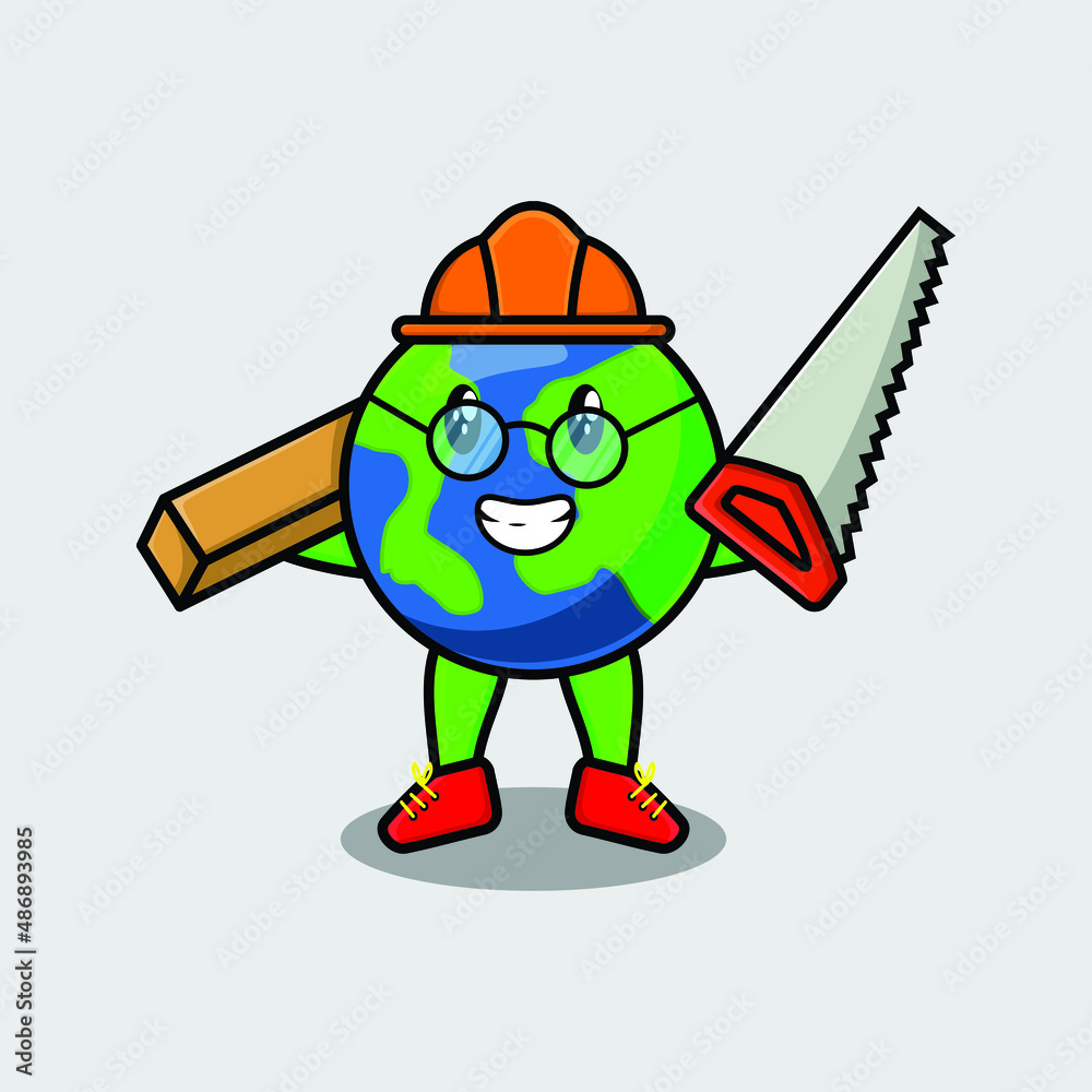 Cute cartoon earth as carpenter character with saw and wood in 3d modern style design