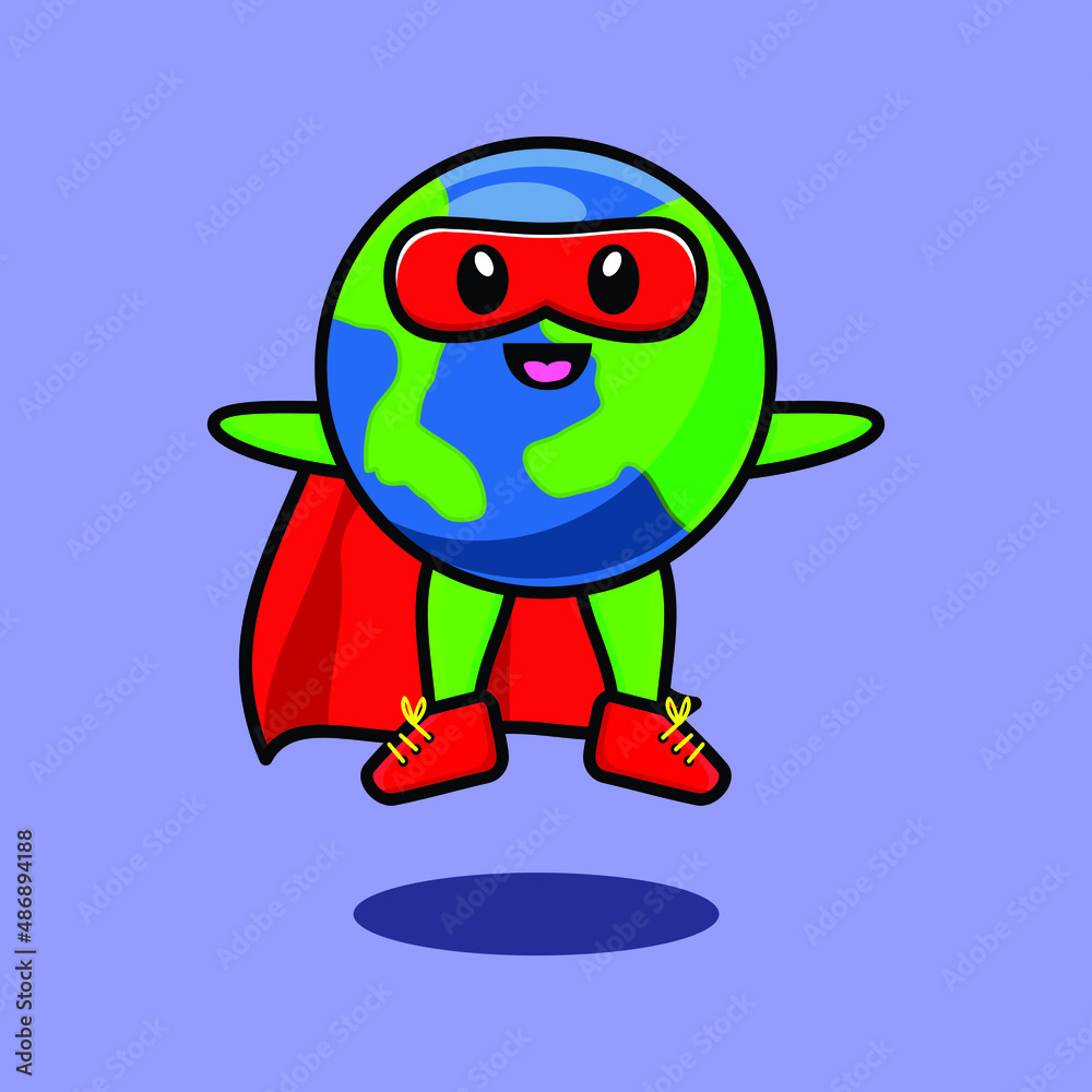 Cute earth superhero character flaying illustration cartoon vector in concept 3d modern style design