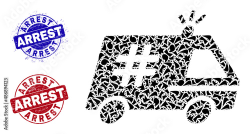 Round ARREST dirty stamp seals with caption inside circle shapes, and shard mosaic jail police car icon. Blue and red stamp seals includes ARREST caption.