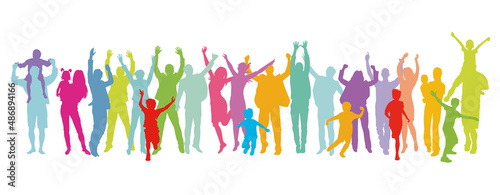 fröhliche Familien, Eltern und Kinder vergnügt beisammen, isoliert auf weißem Hintergrund Illustration