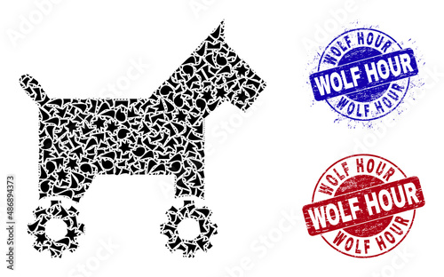 Round WOLF HOUR rough stamp seals with tag inside circle shapes  and debris mosaic robotic dog icon. Blue and red stamp seals includes WOLF HOUR tag. Robotic dog collage icon of shatter parts.