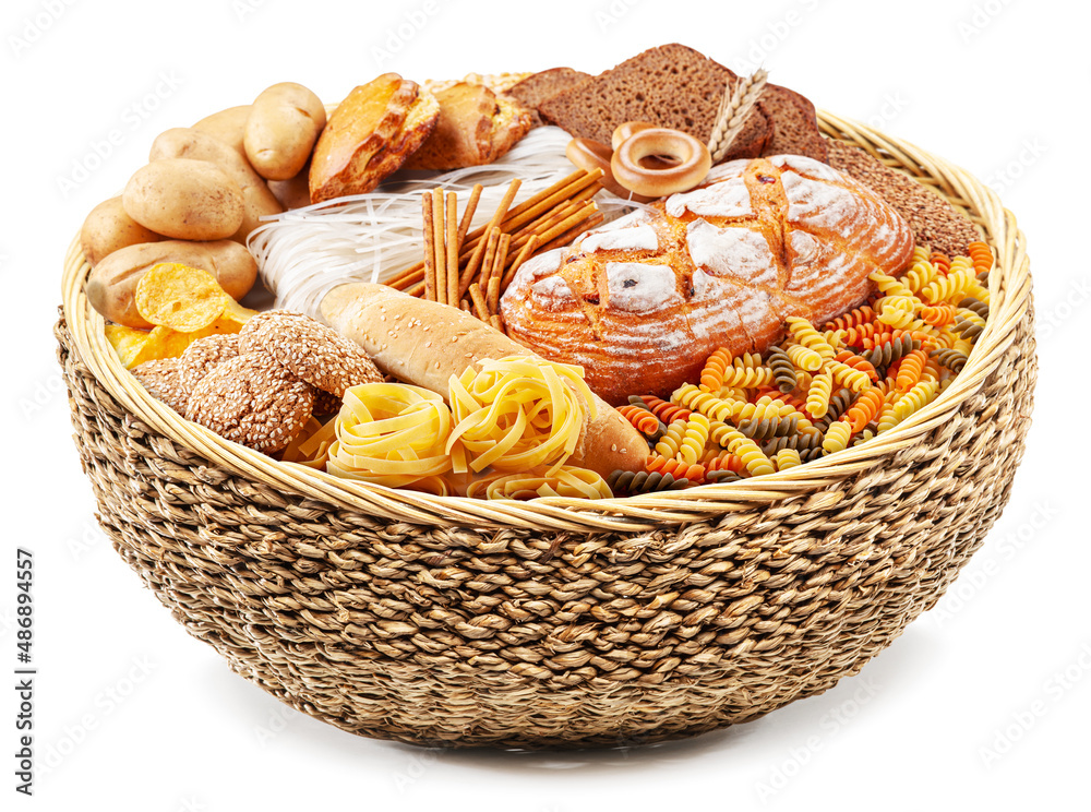Food basket. Vast of different vegetables in the wicker basket on white background. Food basket. Vast of different vegetables in the wicker basket on white background.