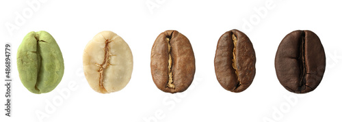 Stages of roasting coffee beans on white background, collage. Banner design photo
