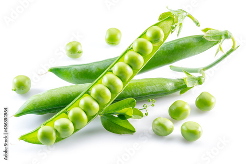 Perfect green peas in pod isolated on white background.