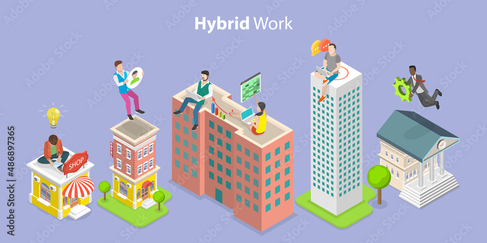 3D Isometric Flat Vector Conceptual Illustration of Hybrid Work, Working From Home Remotely and From Office