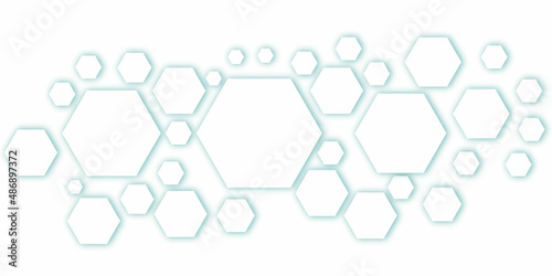 Abstract background with hexagon paper people holding hands in design . Creative design with technology or science concept. Vector illustration. Science abstract background with hexagons and molecules