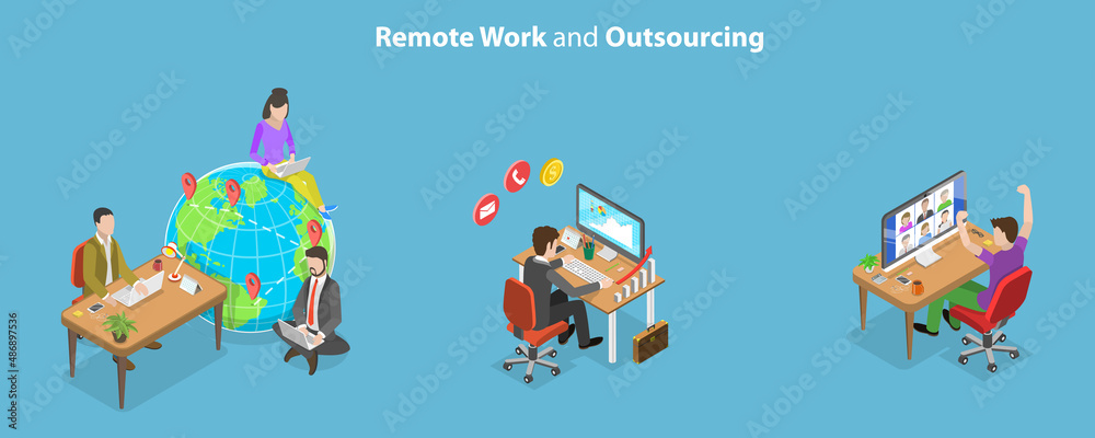 3D Isometric Flat Vector Conceptual Illustration of Remote Work And Outsourcing, Hybrid Job and Working From Home