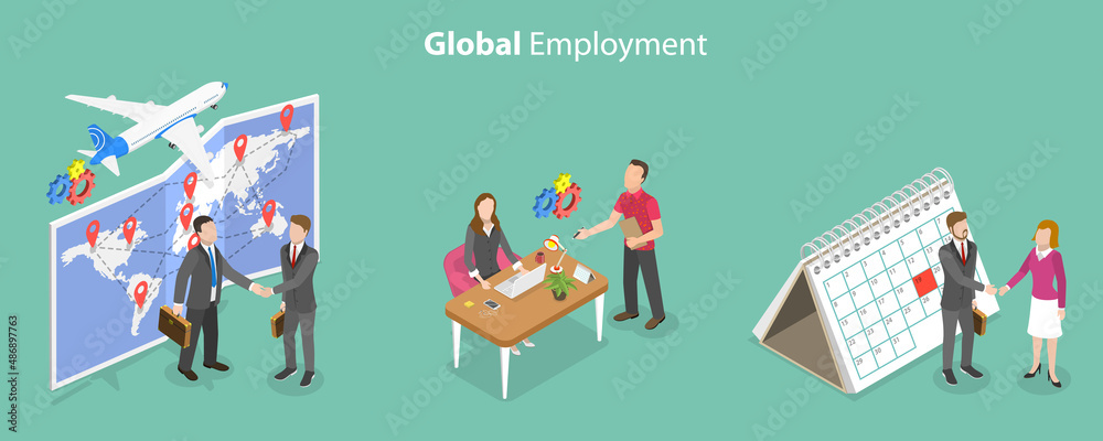 3D Isometric Flat Vector Conceptual Illustration of Global Employment, International Recruitment