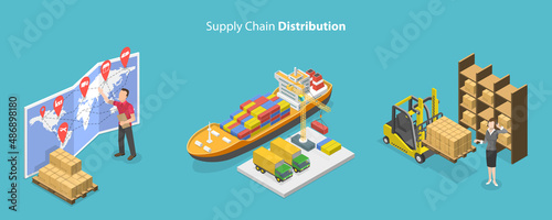 3D Isometric Flat Vector Conceptual Illustration of Supply Chain Distribution, Global Logistics Network